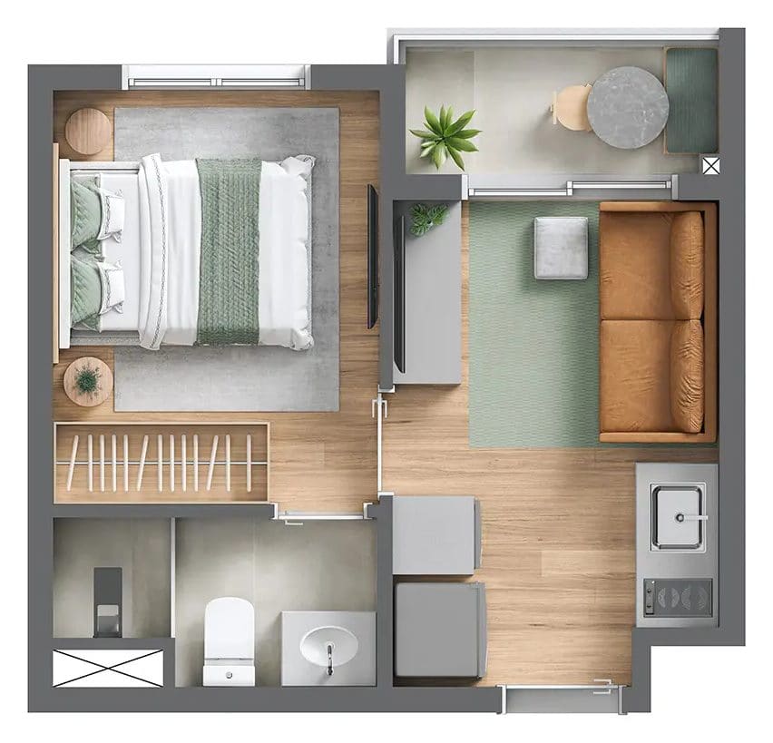 Planta do apartamento de 1 dormitório de 24 m²