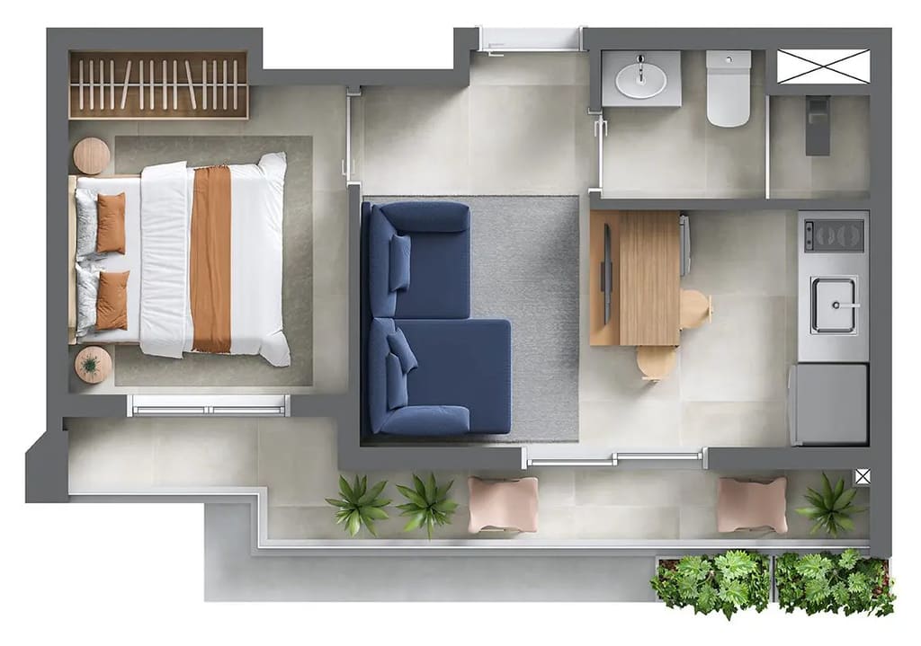 Planta do apartamento de 1 dormitório de 31 m²