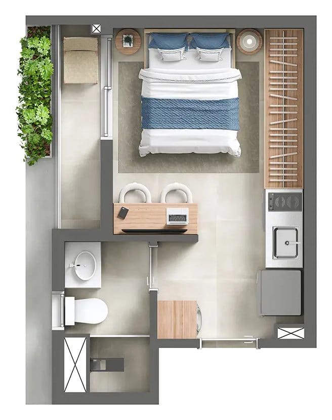Planta do studio de 21 m²