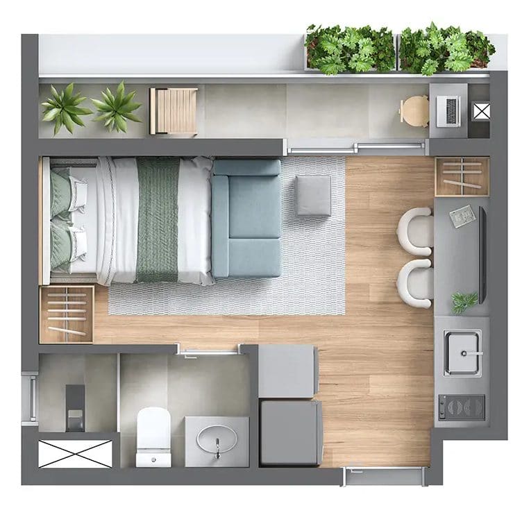 Planta do studio de 23 m²