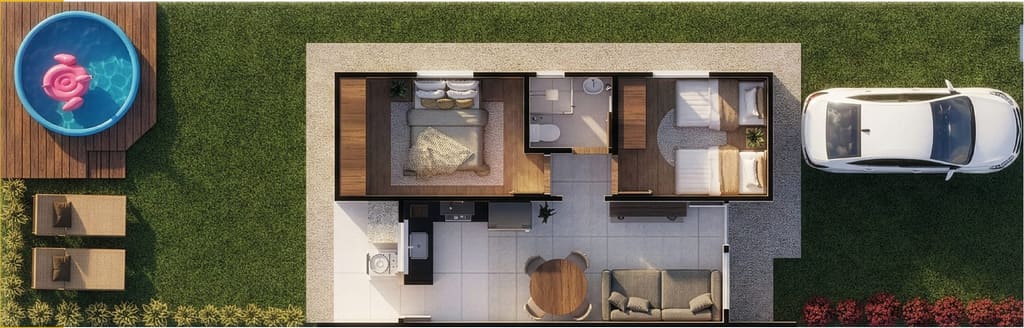 Planta humanizada da casa vista de cima, com vaga na frente e quintal nos fundos