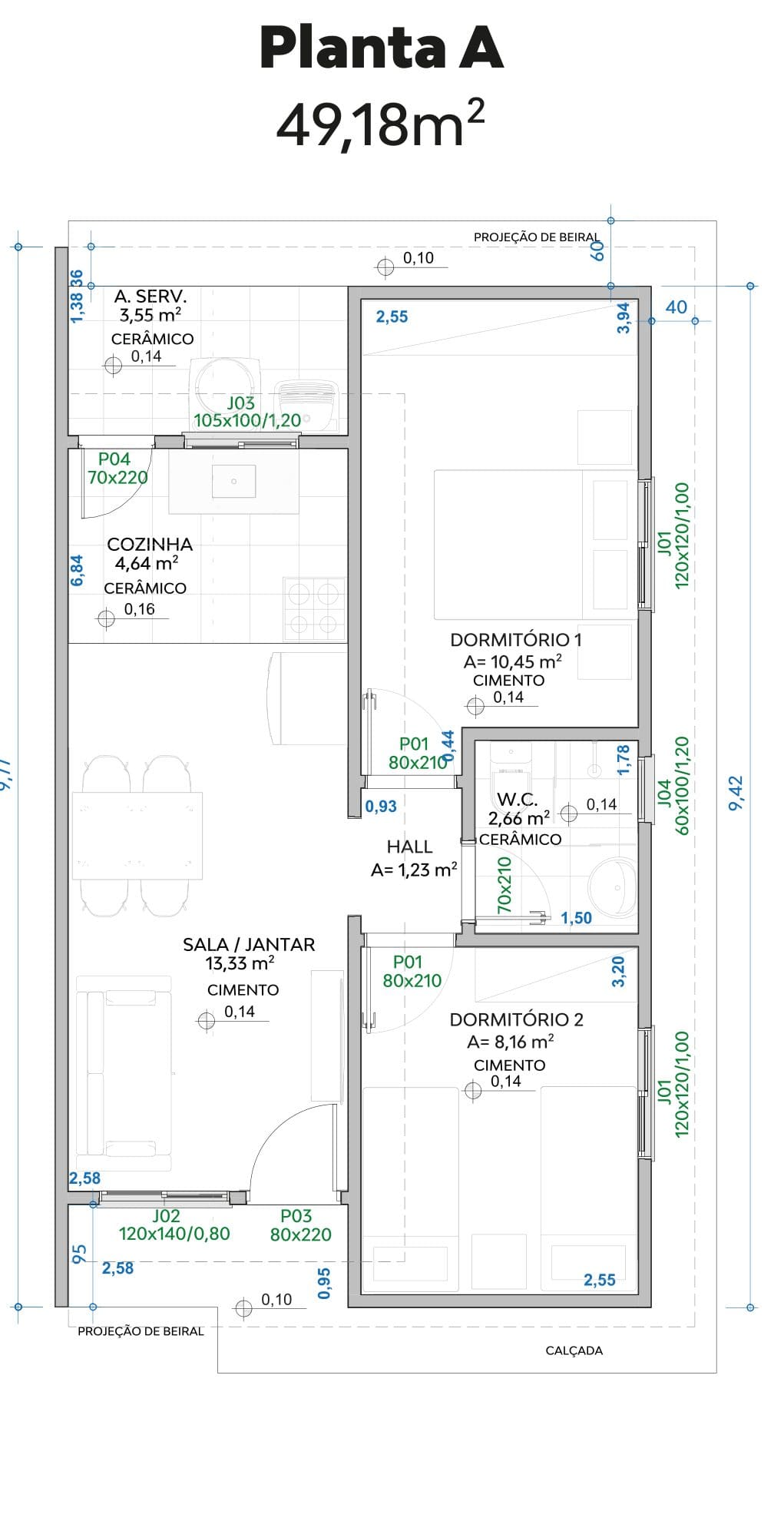 Planta A, de 49,18 m², com 2 dormitórios