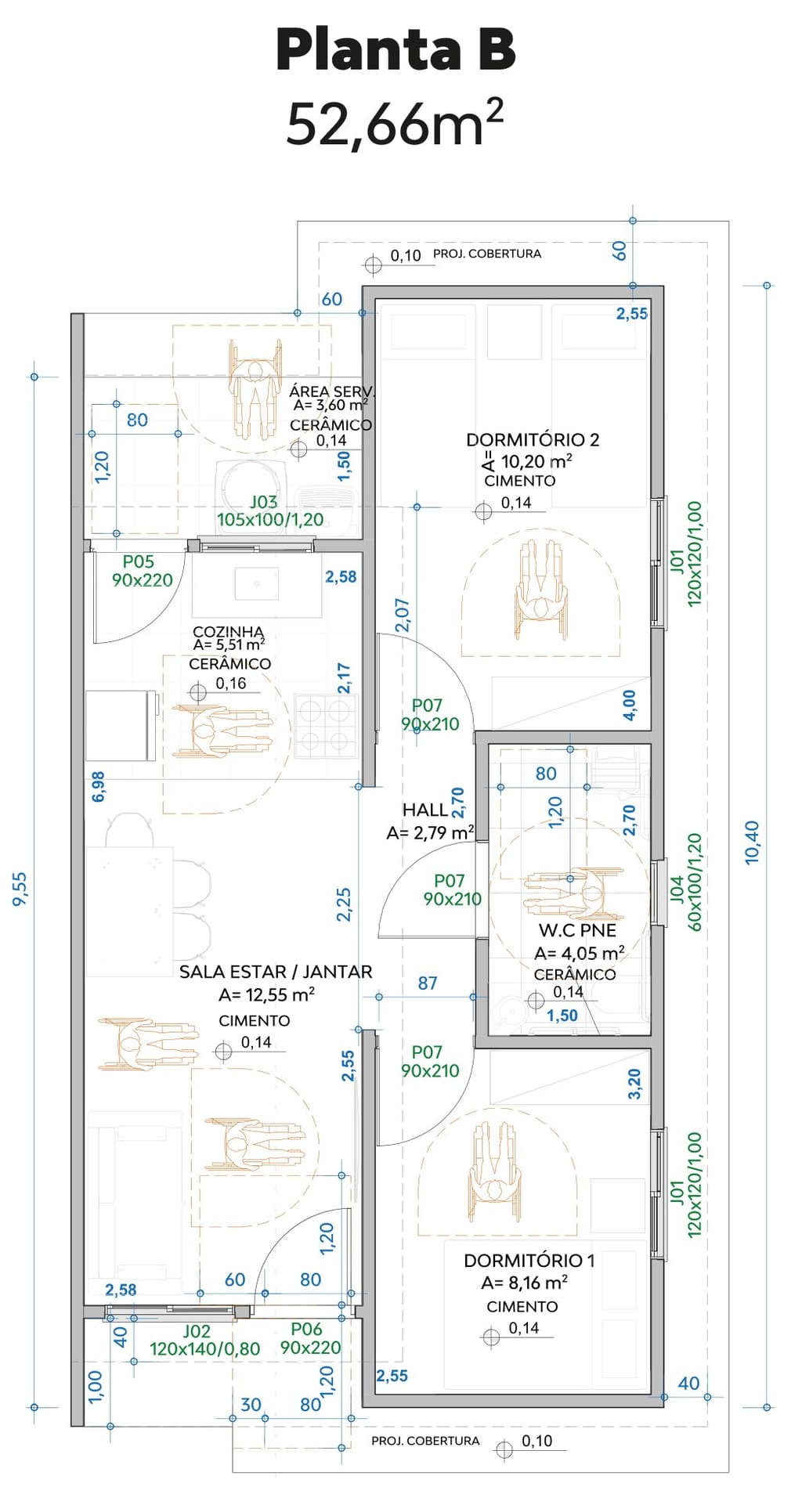 Planta B, de 52,66 m², com 2 dormitórios e banheiro adaptado
